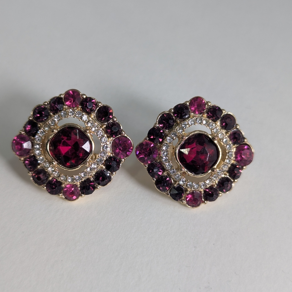 Elegant Gold, Red, Pink, Clear Pave CLIP ON EARRINGS VINTAGE STYLE